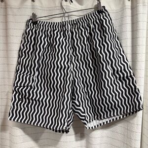 Black and White Wavy Pattern Swim Shorts